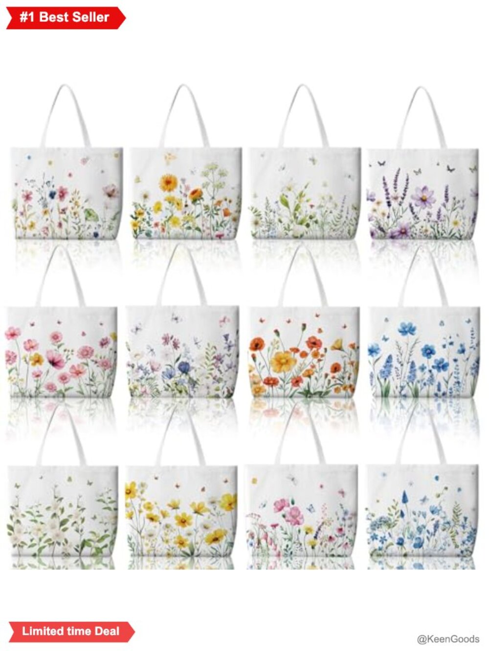 12 Pcs Canvas Tote Bags Reusable Floral Print Grocery Shopping Bags